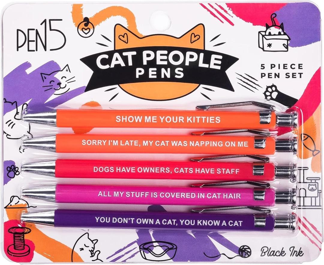2 x Funny Cat People Pens - Snarky Office Gag Gift, Black Ballpoint Pens with Humorous Sayings for Pet Owners, Cat Lovers, Coworkers