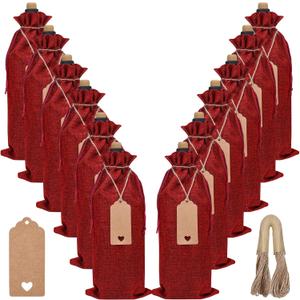 EVRWO Burlap Wine Bags 12 Pcs Wine Bottle Gift Bags With Drawstrings Tags & Ropes for Holiday Weedings Party, Birthdays, Travel, Blind Tastings, Home Storage 750ml Reusable (Burgundy)