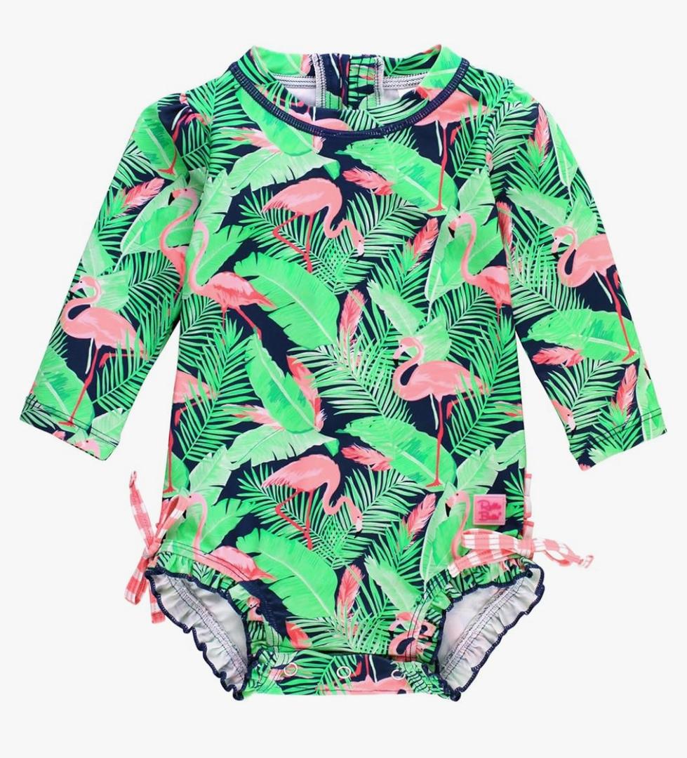 RuffleButts Baby Girls UPF 50+ Sun Protection Tropical Print Long Sleeve One Piece Rash Guard Swimsuit with Zipper, 2T RuffleButts Baby Girls UPF 50+ Sun Protection Tropical Print Long Sleeve One Piece Rash Guard Swimsuit with Zipper, 2T