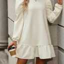 Women's Quilted Long Sleeve Ruffle Hem Mini Dress Casual Crew Neck Sweatshirt Dresses Puff Sleeve Fall & Winter Dress Size 4