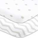 Joey + Joan Bassinet Fitted Sheets 19" x 32" for Cowiewie Bedside Sleeper Bassinet Mattress Pad  Snuggly Soft 100% Jersey Cotton  Grey Polka Dots, Chevron  2 Pack