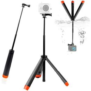 4 in 1 Selfie Stick Floating Hand Grip Tripod for Most Action Camera - As Waterproof Extendable Selfie Stick Monopod Pole Floating Hand Grip Tripod Stand, Black & Orange