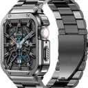 MioHHR Stainless Steel Band and Case Compatible with Apple Watch Band 45mm, Men Metal Protective Bumper Cover for iWatch Series 9/8/7, Space Gray