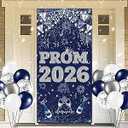 Prom Night 2026 Grad Theme Porch Sign Banner Graduation Party Decoration Class of 2026 Door Decoration Prom Send Off Hanging Banner Congrats Grad Photo Booth Prop for High School Navy Blue and Silver