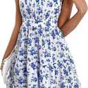 Verdusa Women's Floral Print Dress Cute Summer Mini Dresses Ruched Sleeveless Ruffle Hem A Line Cami Sundress (White, S)