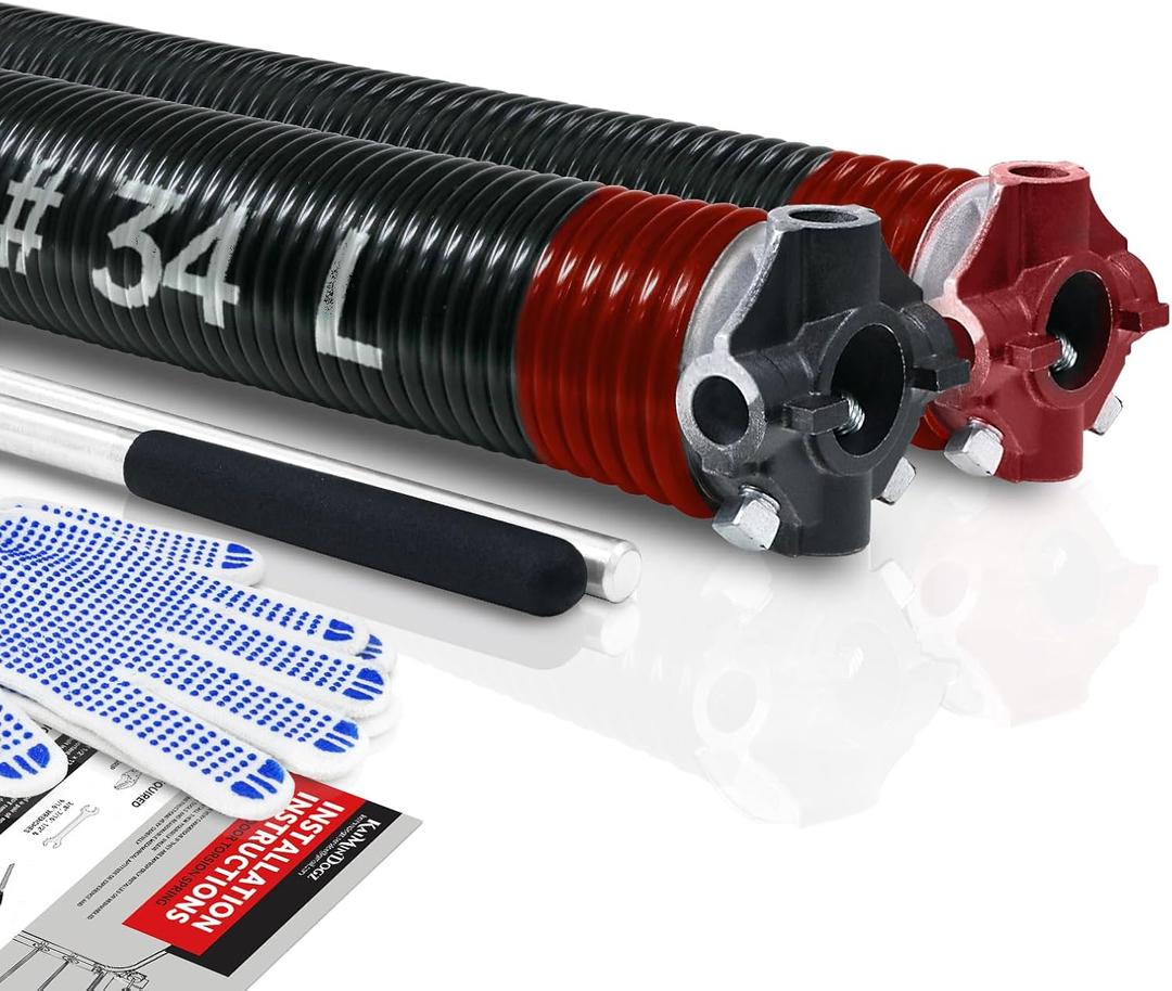 Pair of 2" Garage Door Torsion Springs Set with Non-Slip Winding Bar & Gloves,High Precision Electrophoresis Black Coated, for Replacement & Installation, MIN 16,000 Cycles (0.225x2''x34'')