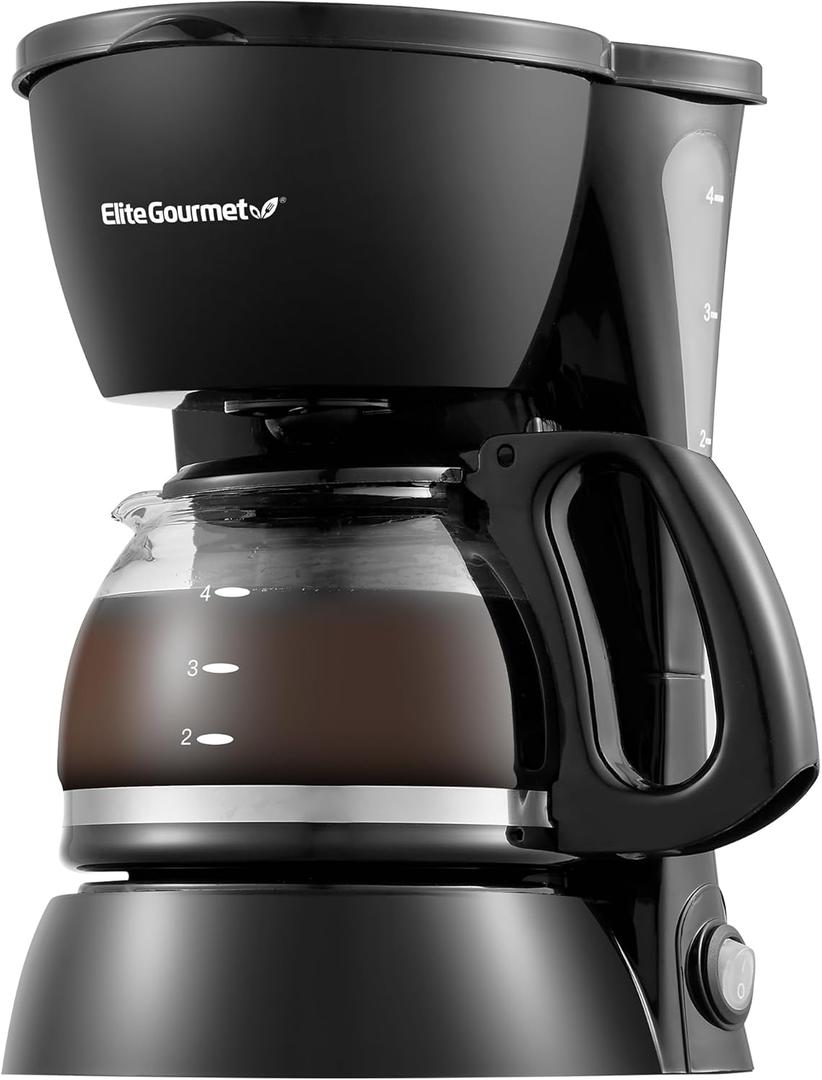 Elite Gourmet EHC4128 Automatic 4-Cup Brew & Drip Coffee Maker with Pause N Serve, Glass Carafe, Reusable Filter, On/Off Switch, Keep Warm, Water Level Indicator, Black (4 Cups, Black)