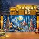 Christmas Train Garage Door Decorations Cover, Snowy Christmas Night Santa Claus Xmas Tree Moon Garage Door Banner Backdrop, Winter Wonderland New Year Eve Party Decor Banner Cover, 16X7FT (Blue)