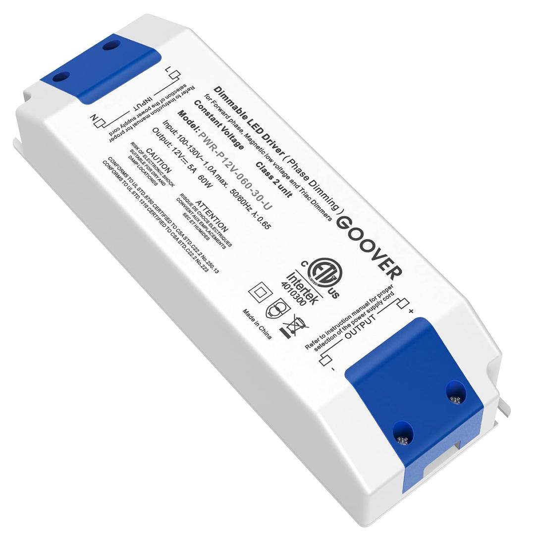 GOOVER 60W Triac Dimmable Driver,Power Supply,AC 120V to DC 12V Transformer,Compatible with Lutron and Leviton Dimmers,for LED Lighting,Class 2,ETL Certified