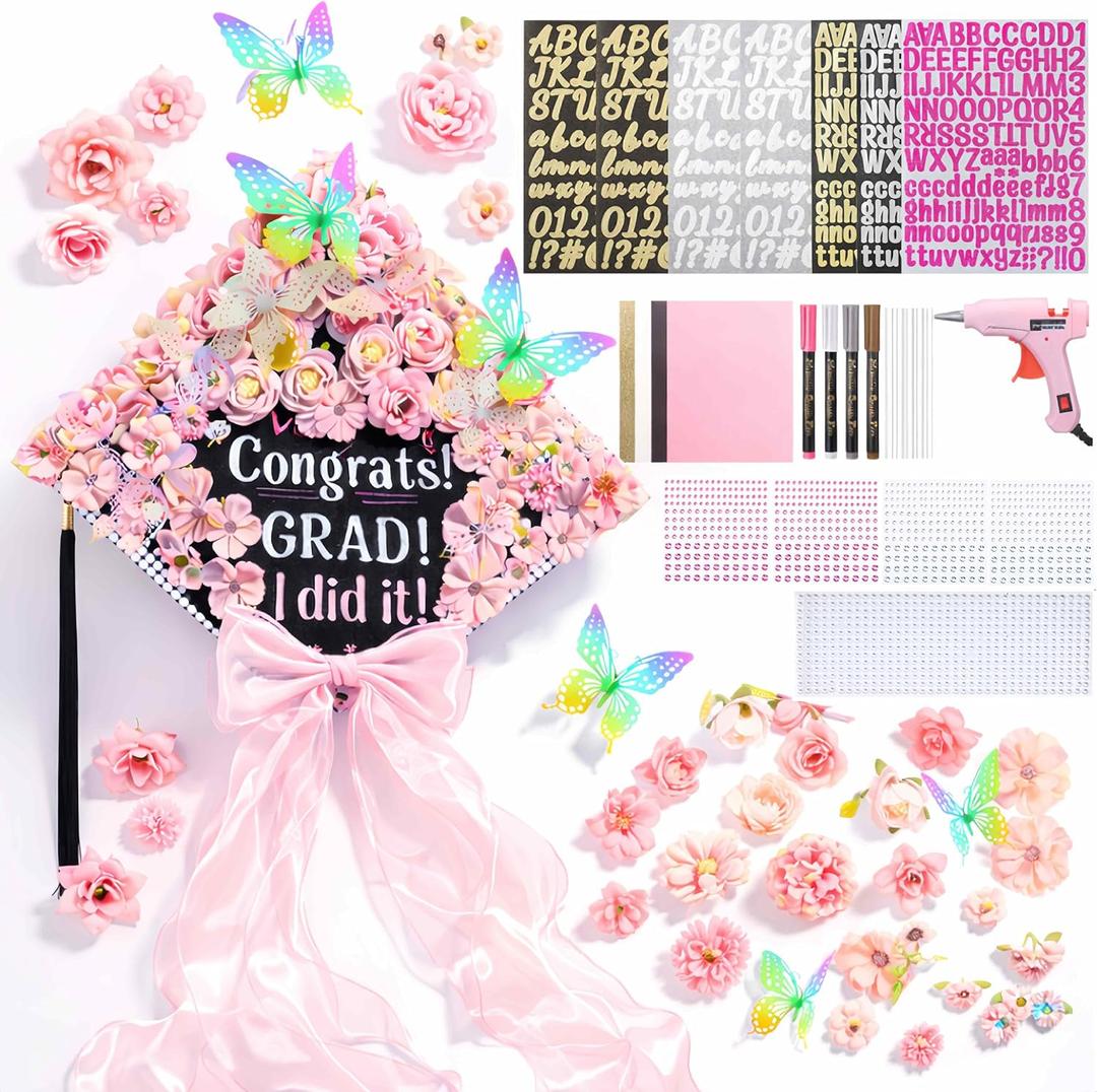 Knitgrip Graduation Cap with Decoration Kit 2026, DIY Grad Cap Topper Kit with Hat, Faux Floral, Glitter Cards, 3D Butterfly, Ribbon Bow, Rhinestone Alphabet Stickers, Paint Marker, Glue Gun(Pink)