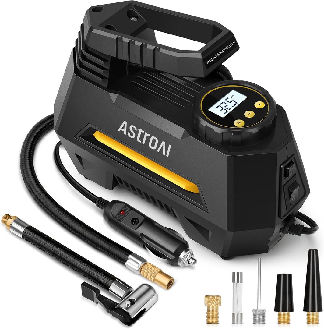 AstroAI Tire Inflator Portable Air Compressor Tire Air Pump for Car Tires - Car Accessories, 12V DC Auto Pump with Digital Pressure Gauge, Emergency LED Light for Bicycle, Balloons, Yellow (Large)