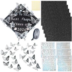 Wavwavw 37 Pcs DIY Graduation Cap Decorations Kit, Glitter Papers, 3D Butterfly Self Adhesive Rhinestones Stickers Alphabet Letter Stickers for 2026 Grad Hat Decor Party Supplies(Black)