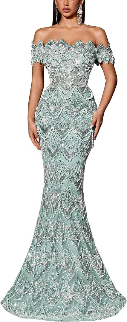 Women's Beaded Mermaid Formal Evening Gown Off Shoulder Prom Dress | Sequin,lined,Sparkly Wedding Guest Dress,Bodycon Fishtail Party Cocktail Maxi Dress,Lace Up Back,Elegant Gala Red Carpet Gown (Teal, L)