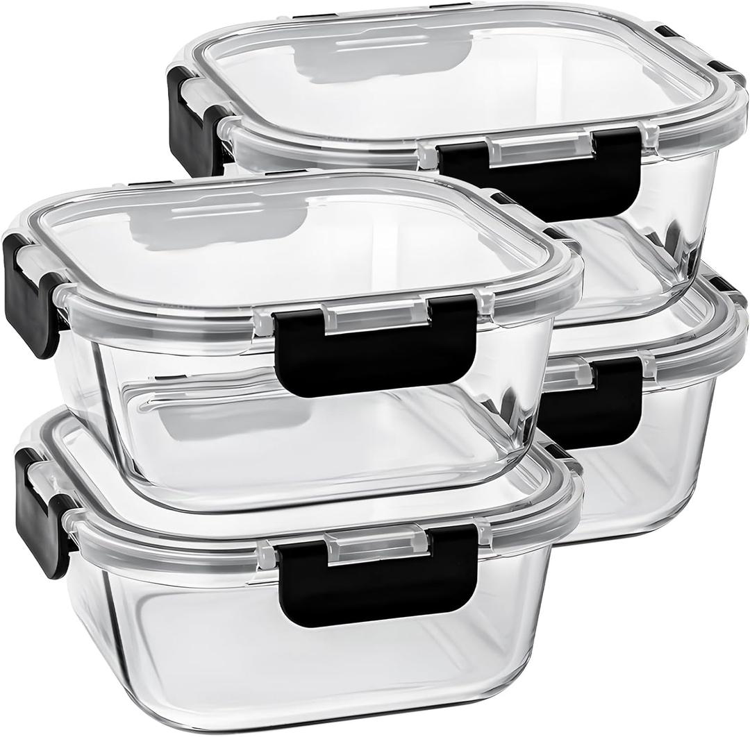 27 oz Glass Food Storage Containers with lids, 4 Pack Square Sandwich Containers/Box for Meal Prep, 3.3 Cup Glass Meal Prep Containers, Microwave, Oven, Freezer and Dishwasher, BPA-free