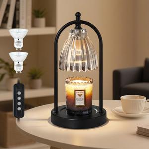 GyroVu Candle Warmer Lamp with Timer, 3-Level Dimmable Candle Lamps Vintage Glass Shade, Candle Warmer Light Wax Melt Warmer for Scented Wax, Black Warmer Lamp for Women Home Decor (2 Bulbs Included)