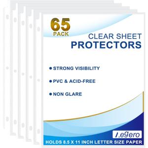 Aegero 65 Pack Clear Sheet Protectors, 8.5 x 11 inch Page Protectors for 3 Ring Binder,Top Loading Paper Protector for Documents and Photos,Letter Size