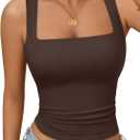 Trendy Queen Double Lined Square Neck Crop Top Women Teen Girls Buttery-Soft Sleeveless Basic Aesthetic Going Out Tank Top (Brown, M)