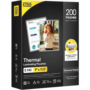 KTRIO Laminating Sheets 5 Mil, Hold 8.5 x 11 inches Sheet, 200 Pack Clear Thermal Laminate Pouches for Laminator, 9 x 11.5 inches Lamination Sheets, Home Office School Supplies