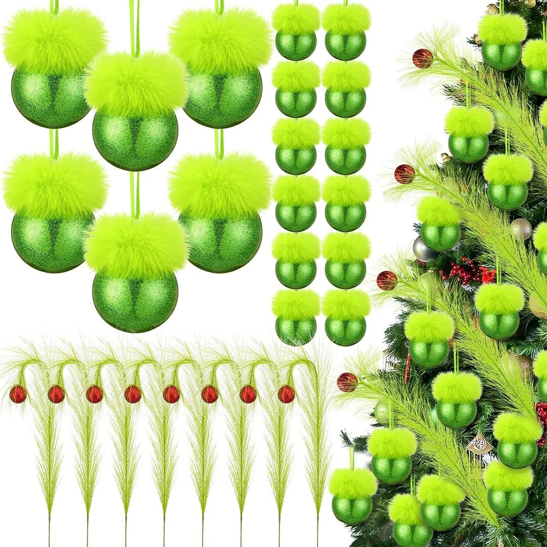 Bucherry 32 Pcs Lime Green Furry Christmas Ball Ornaments for Xmas Tree, Fuzzy Ball with Hair and 18'' Green Tree Picks Topper for Home Party Supplies Fireplace Mantel Wall Decor(Lime,3.2'')