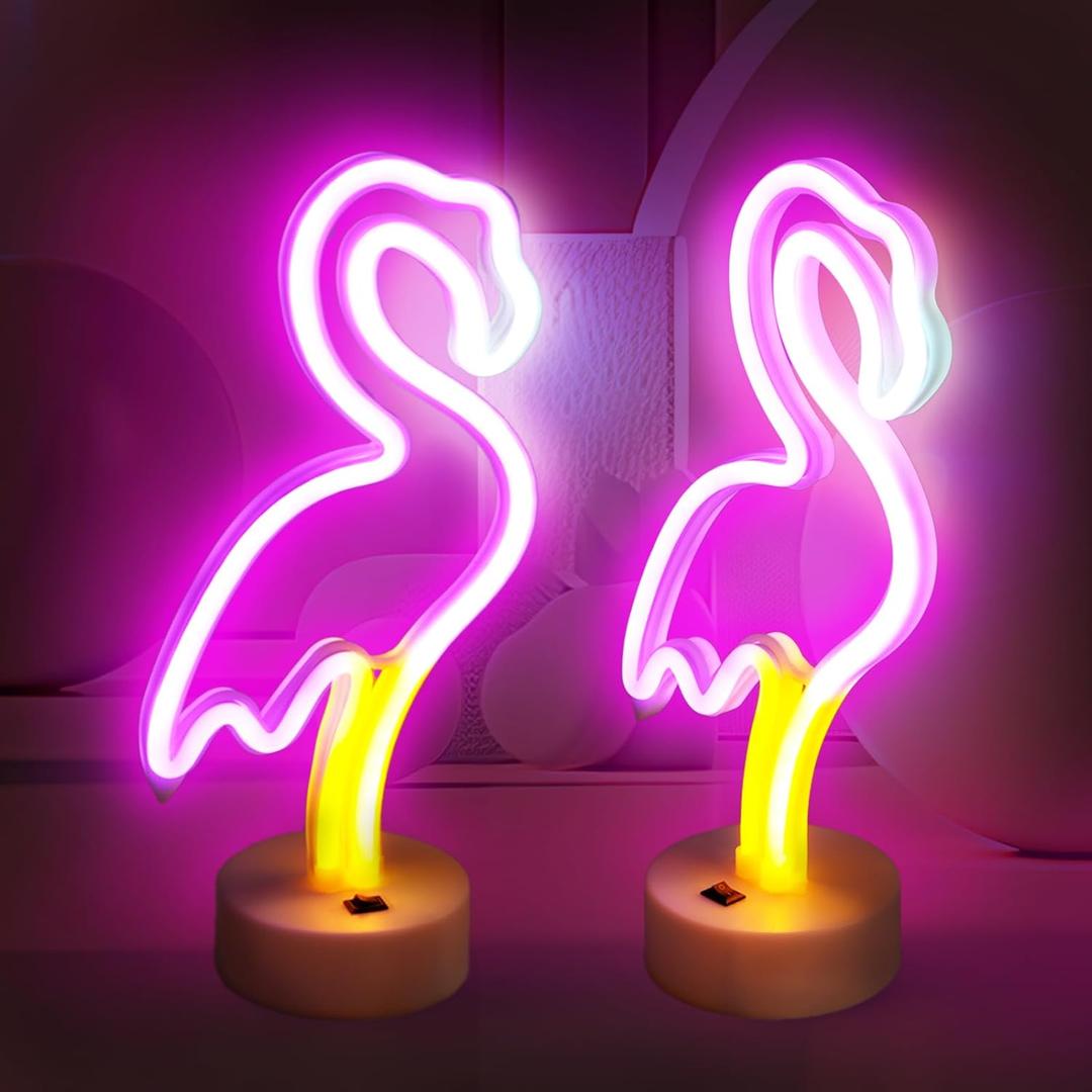 BRIGHTDECK 2 Pack Flamingo Neon Signs, LED Pink Flamingo Neon Sign Battery Operated or USB Powered Decoration Lamp, Flamingo Lights Decor for Bedroom, Wedding, Party, Pink Room Decor