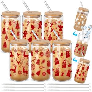 6 Pcs Christmas Gifts 16 oz Color Changing Cups with Lids and Straws Bulk Christmas Glass Iced Coffee Cups Holiday Can Shape Tumbler for Xmas Winter Party Favors Decor Gift (Red Pattern)