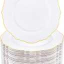 WDF 60pcs Gold Plastic Dinner Plates -10.25inch Baroque White and Gold Plates Fancy Plastic Plates for Upscale Party/Wedding/Birthday/Graduation Party