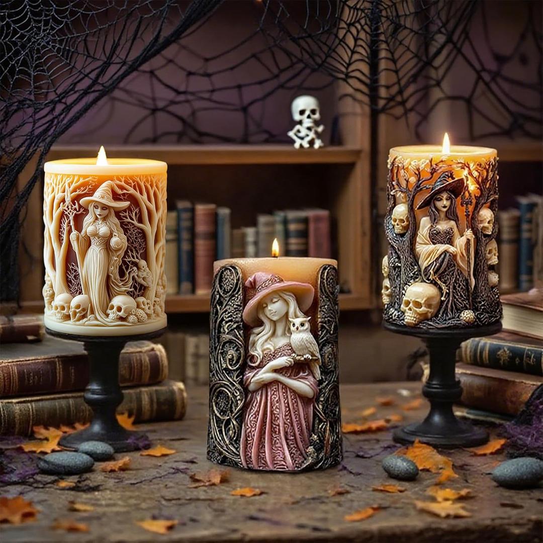 3 PCS Witch Pillar Candle Mold for Candle Making, Halloween Silicone Epoxy Resin Casting Molds for DIY Aromatherapy Candles Wax Soap, Resin Craft Gifts, Gothic Home Decoration