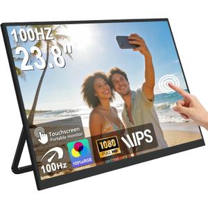 QQU 23.8" Large Portable Touchscreen Monitor, 1080P 100Hz FHD 100% sRGB USB-C HDMI Home Gaming Second Monitor Speakers w/120Stand & VESA Travel Monitor for Laptop, MacBook, PC, Phone, Tablet, Switch
