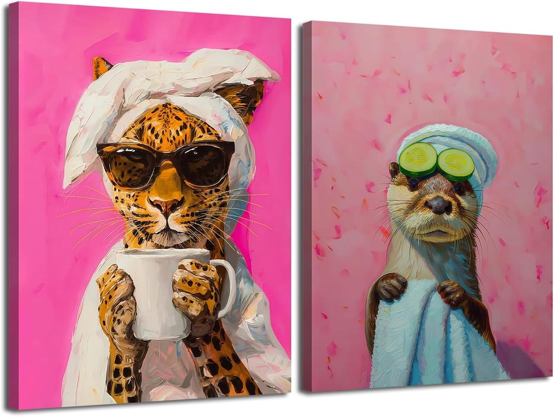 Funny Animal Bathroom Wall Art Whimsical Cheetah Bathroom Wall Decor Painting, Eclectic Leopard Drinking Coffee Poster Canvas Prints Quirky Otter Bathing Artwork 16x24 inch Framed