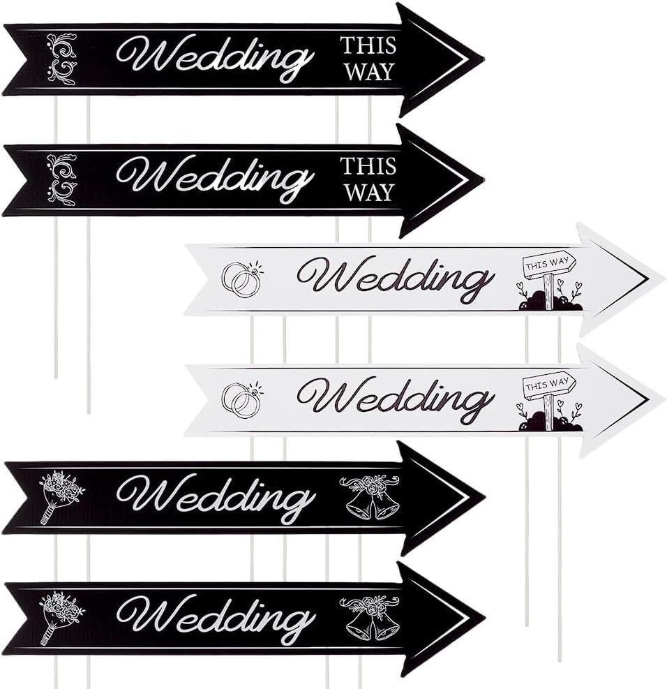 OLYCRAFT 6 Sets 3 Styles Wedding Directional Yard Signs with Stakes 15.8x3.9 Inch Black and White Single-side Printed Wedding This Way Arrow for Ceremony Outdoor Parking Reception