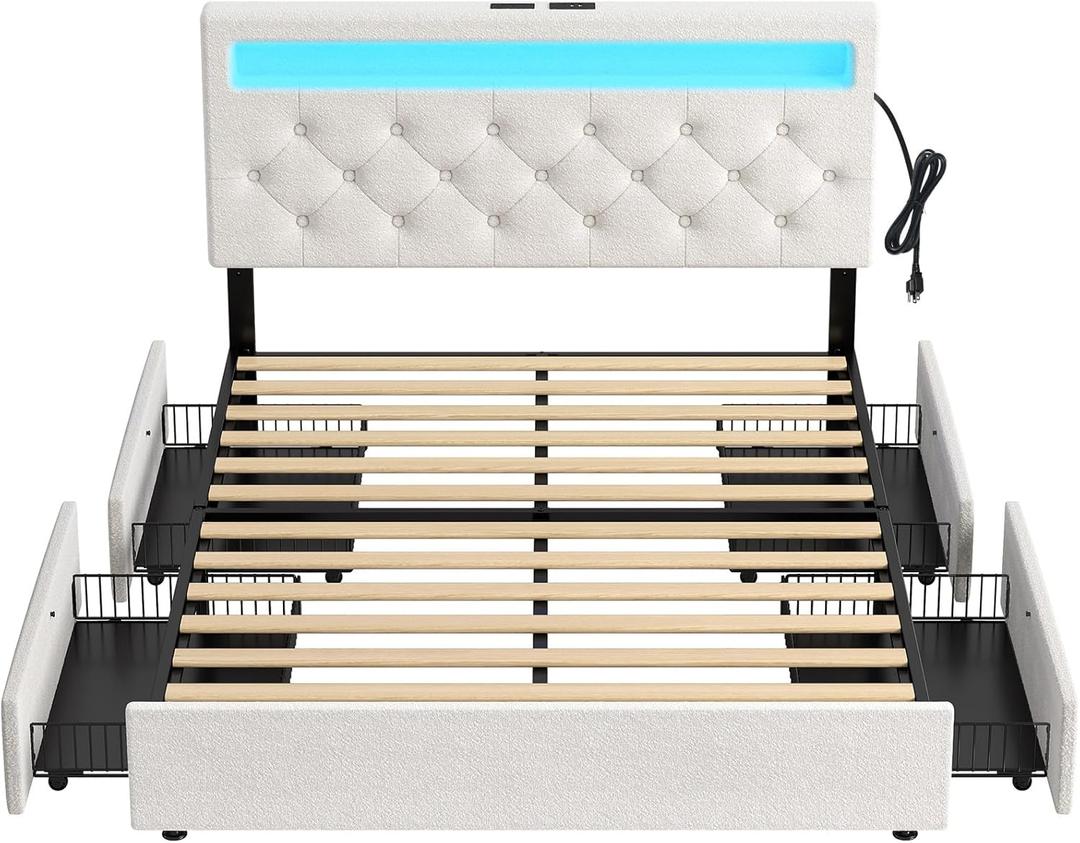 Rolanstar Queen Bed Frame with 4 Storage Drawers and Charging Station, Queen Bed with Led Lights, 2 USB & 1 Type C, Adjustable Headboard 38.9/40.10 Inches, No Box Spring Needed, White