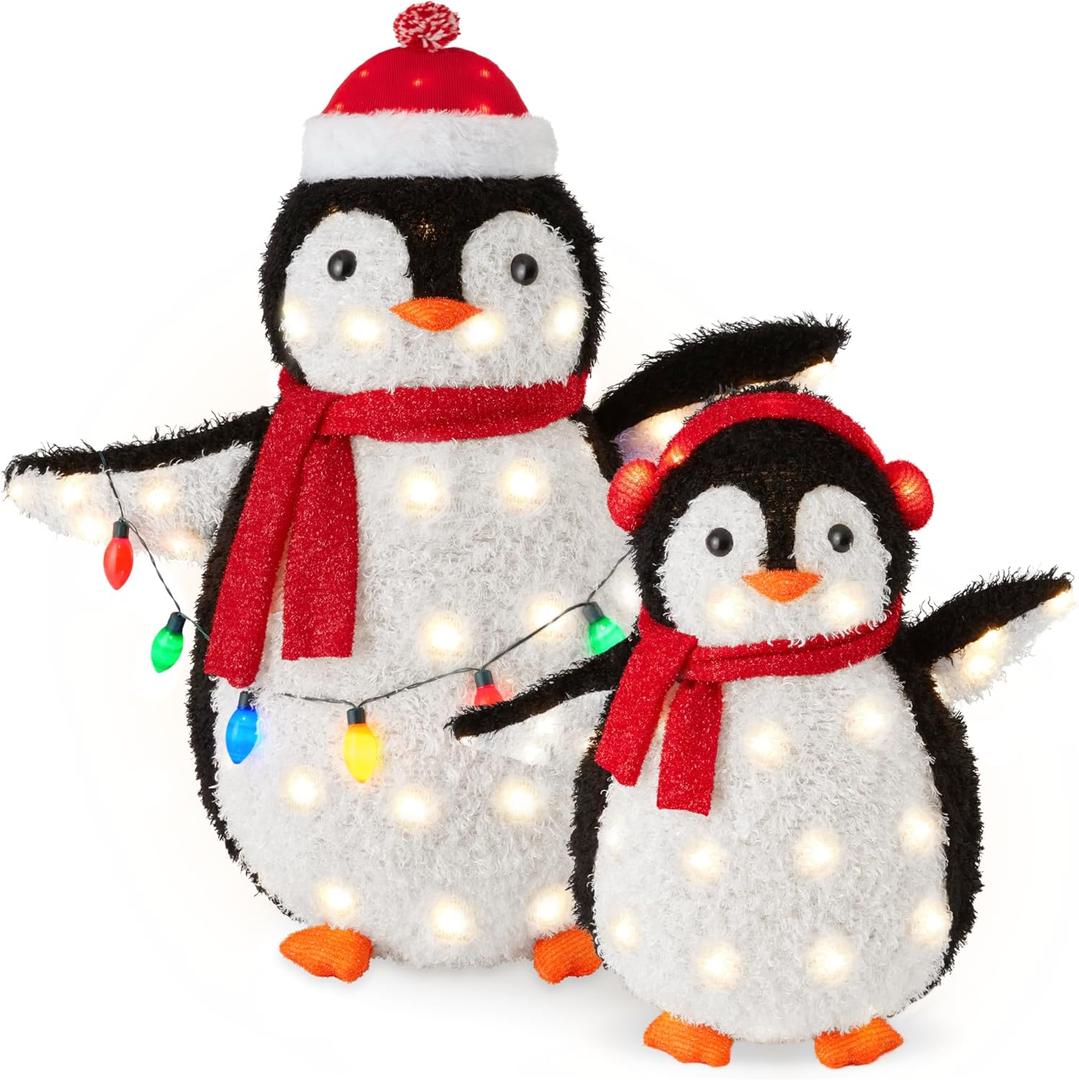 Best Choice Products 2-Piece Lighted Penguin Family, 3ft Pop-Up Outdoor Christmas Holiday Decoration w/ 150 LED Lights, Multicolored Lights - Red