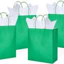 DjinnGlory 24 Pack Medium Green Paper Gift Bags with Handles and White Tissue (10''x8''x4'') for Party Favors Goodies, Small Business, Care Packages (Solid Green)