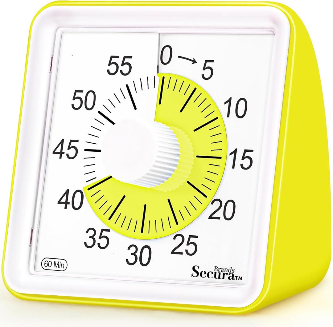 Secura 60 Minute Essential Visual Timer for Kids, Countdown Clock Timer for Special Education, Classroom, School, Desk, Home, Office, Silent Non-Ticking Time Management Tool (Yellow & Yellow)