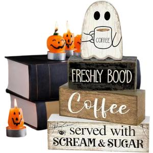 4 Pcs Halloween Table Decorations, Wooden Ghost Coffee Bar Decor, Fall Farmhouse Tiered Tray Signs, Rustic Boo Tabletop Centerpiece for Home Kitchen Office Shelf