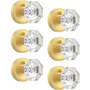 Asidrama 6 Pack Privacy Gold Crystal Door Knob with Lock, Brush Gold Glass Door Knobs Interior for Bedroom or Bathroom, Heavy Duty Door Handle for Left Right Sided Doors