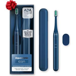 Aquasonic Icon ADA-Accepted Rechargeable Toothbrush | Magnetic Holder & Slim Travel Case | 2 Brushing Modes & Smart Timers | Gentle Micro-Vibrations (Navy) (1 Count (Pack of 1))