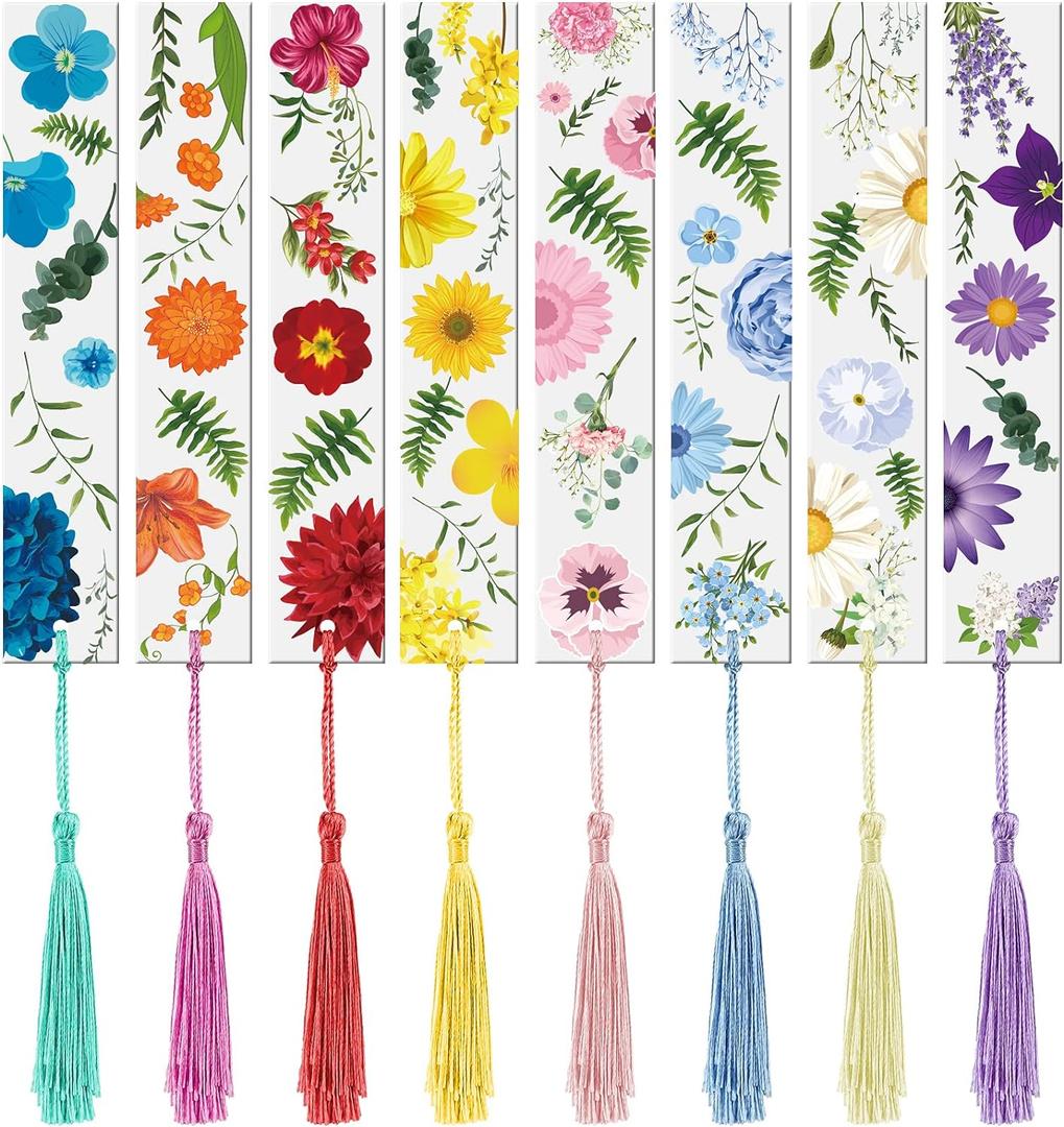 Outus 8 Sets Flower Acrylic Bookmarks for Reading Women Transparent Acrylic Cute Floral Bookmarks with Colorful Tassels Gift for Women Teacher Book Lovers Reading, 8 Styles