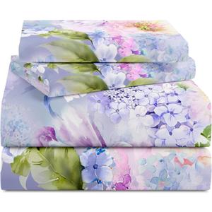 YIYEA Queen Sheet Set, Luxury 1800TC Hotel Quality Double Brushed Microfiber Floral Bed Sheets for Queen Size Bed, Extra Soft, Deep Pocket, Shrinkage and Fade Resistant, 4PC (Queen) (01# Purple Flower)