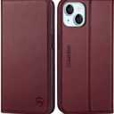SHIELDON Case for iPhone 15 5G 2023, Genuine Leather Wallet Magnetic Case with RFID Blocking Credit Card Slot Kickstand Full Protection Cover Compatible with iPhone 15 6.1" - Wine Red (Wine Red)