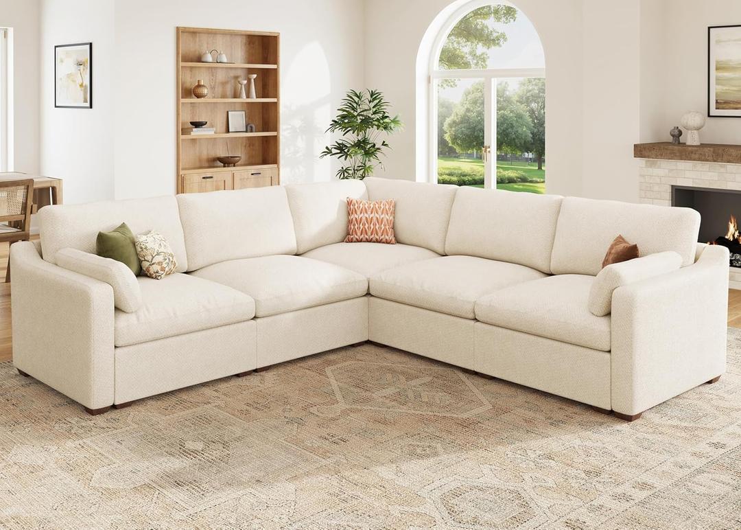 HONBAY Cloud Couch Modular Sectional Sofa Chenille Cloud Couch Sectional L Shaped Deep Seat Modular Sofa for Living Room, Beige