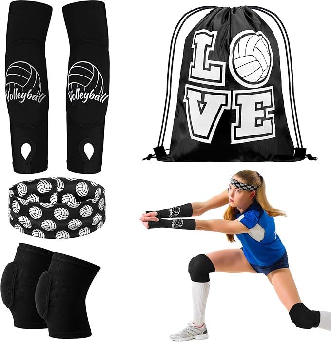 Yinder 4 Pcs Volleyball Knee Pad and Arm Sleeve Volleyball Accessories Stuff Forearm Elbow Sleeve Wrist Guard with Protection Pad and Thumb Hole for Women Men Adult