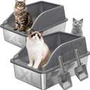 2PACK Stainless Steel Litter Boxes, Extra Large XL Odor Free Metal Litter Box with High Sides, Open Top Litter Pan Include Scoop Easy Cleaning Anti-Scratch Kitty Cat Box Anti-Urine Leakage, Non-Sticky
