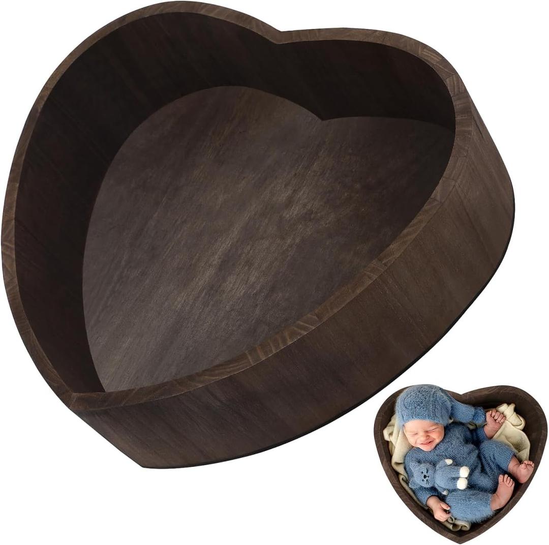 1pc Heart Shaped Photography Props Baby Infant Photo Props Kids Baby Basket Kid Photo Posing Case Clothes Newborn Modeling Wood, Coffee 