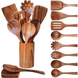 Wooden Spoons for Cooking 10 Pieces Set, Kitchen Utensils Spatula, Wooden Cooking Utensils Spoons, with Spoon Rest, Strainer Spoon, Pasta server, Fried Spatula and Salad Fork, Utensil Holder