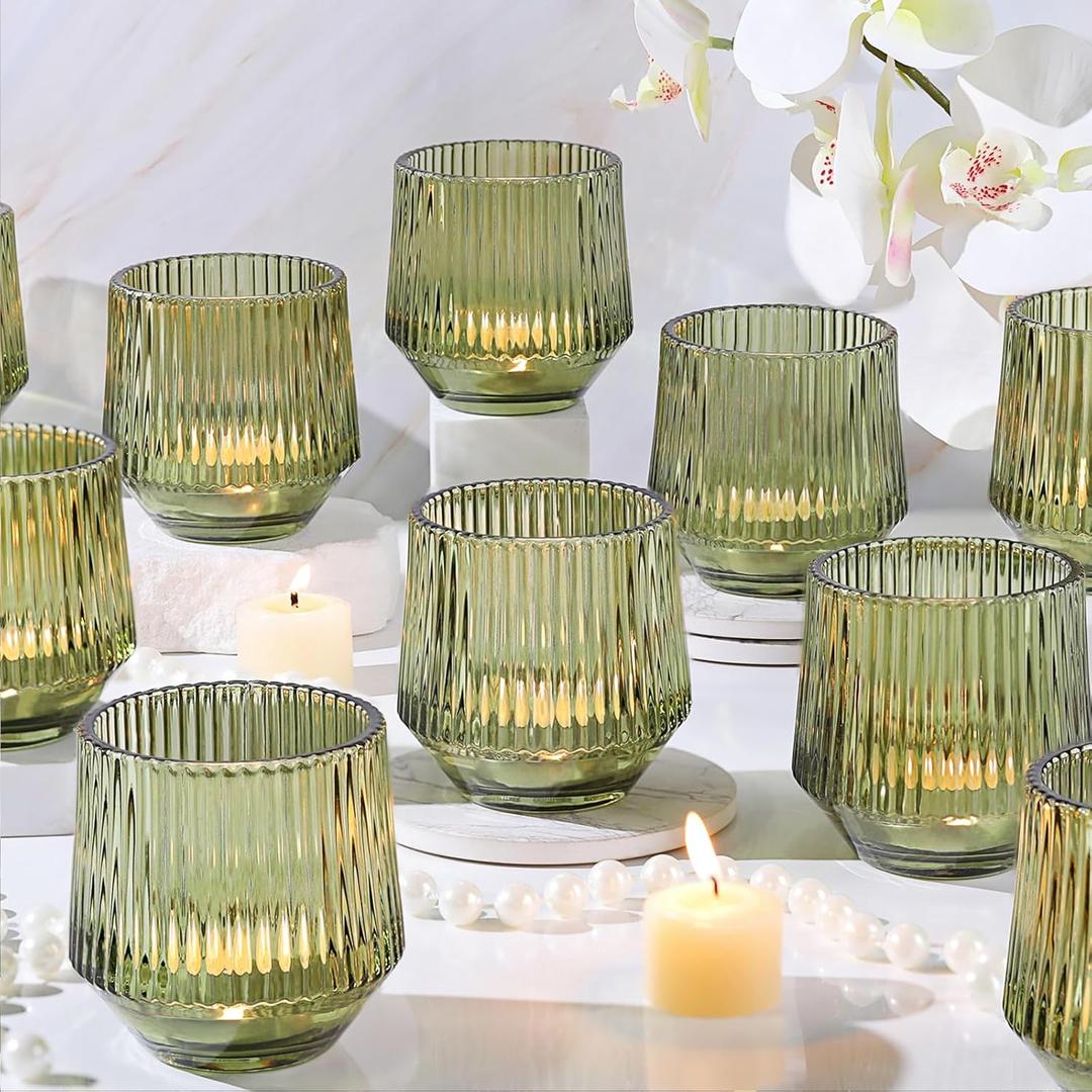 12 Pcs Large Green Votive Candle Holders- 3.15"3.15" Ribbed Green Candle Holders, Green Tea Lights Candle Holders for Green Wedding Decor, Sage Green Wedding Table Decor, Centerpieces