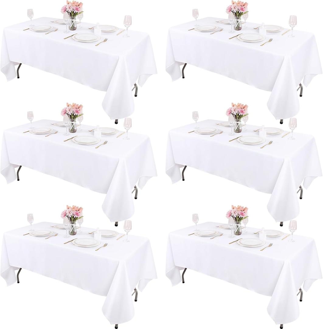 Kesfey 6 Packs Rectangle Table Cloths 60 x126 inchs White Polyester Tablecloths Stain and Wrinkle Resistant Tablecover Washable Banquet Fabric Tablecloth for 8 Foot Tables for Wedding Baby Shower