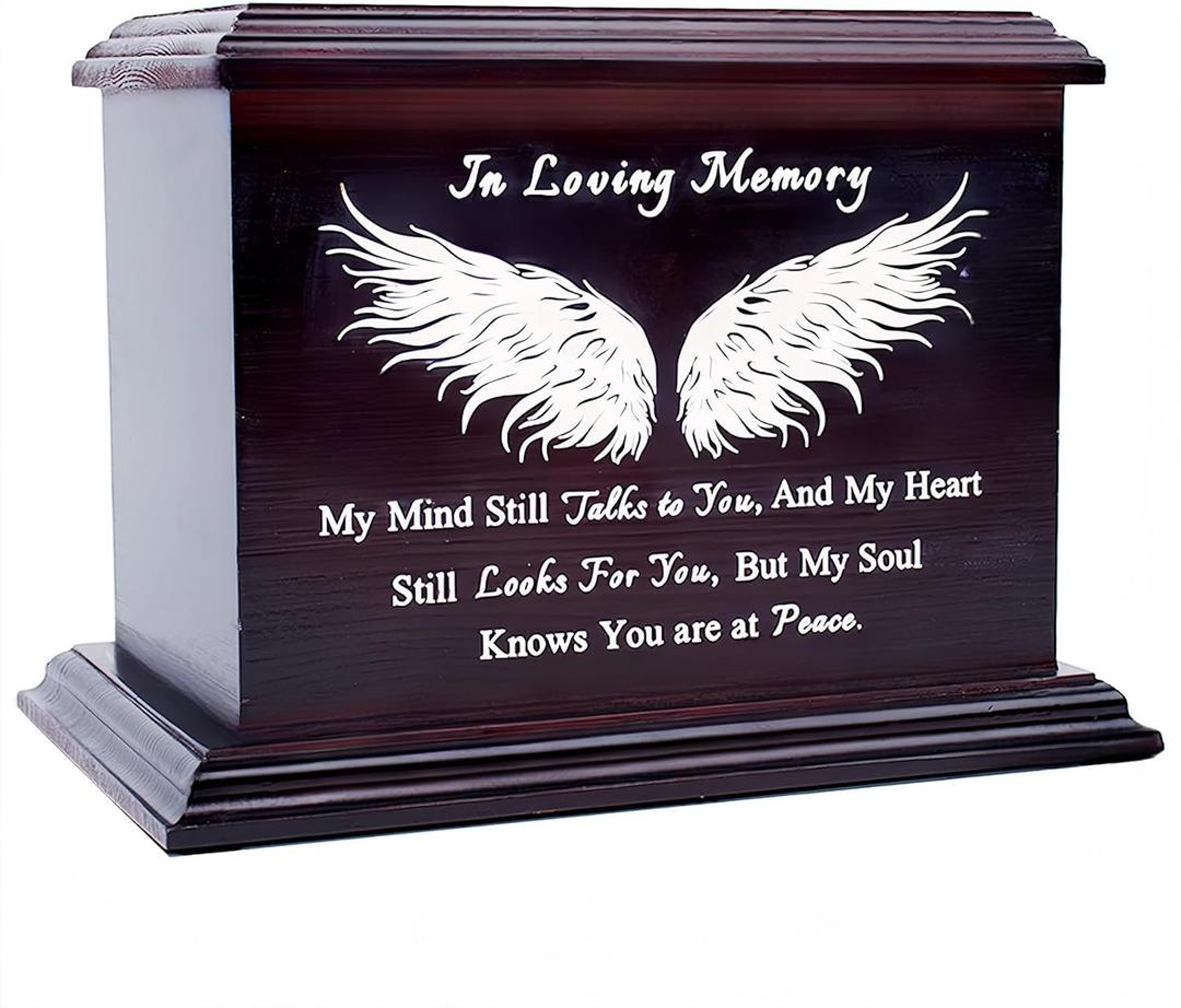 Wooden Urns for Ashes - Decorative Urns for Men Women - Adult Ashes Funeral Urns, Wing Pattern - Polished Finish - 270 Cubic Inches Capacity