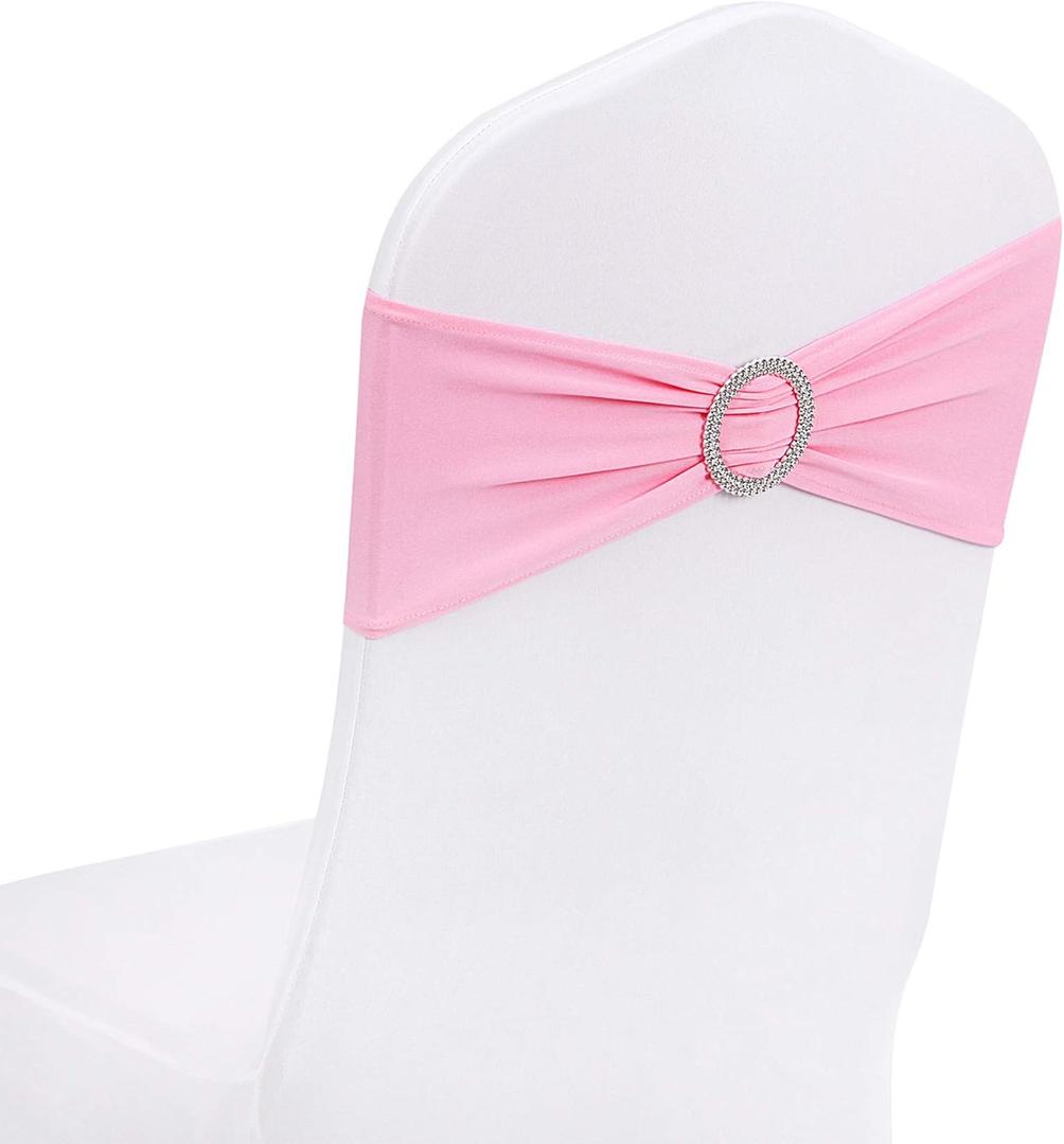 Peomeise 25pcs Pink Spandex Chair Sashes with Buckle Slider for Wedding, Party Decoration