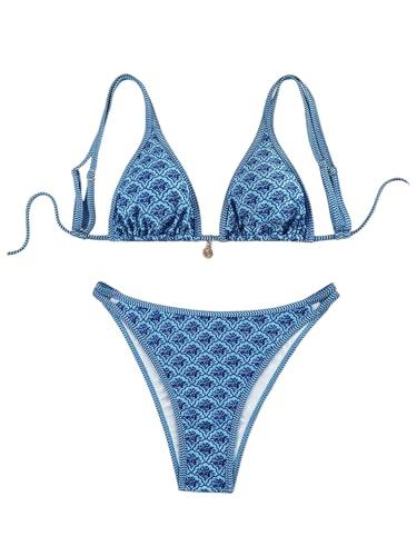 SweatyRocks Women's Bathing Suits Floral Print Triangle Bikini Set Spaghetti Straps Two Piece Swimsuits Floral Blue Small